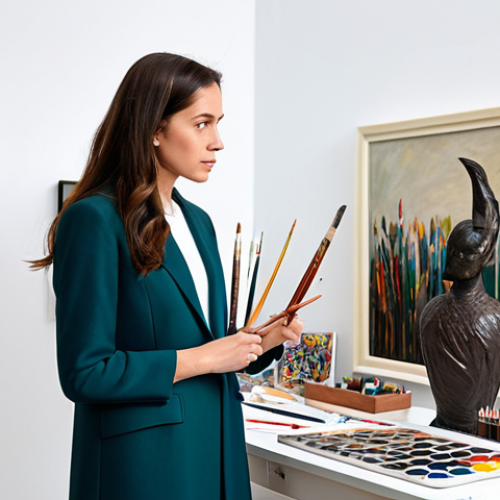 **

"A professional artist fully clothed in modest attire, standing in a bright, modern studio filled with art supplies, surrounded by canvases and sculptures, natural pose, perfect anatomy, well-formed hands, proper finger count, professional photography, high quality, safe for work, appropriate content, family-friendly."

**