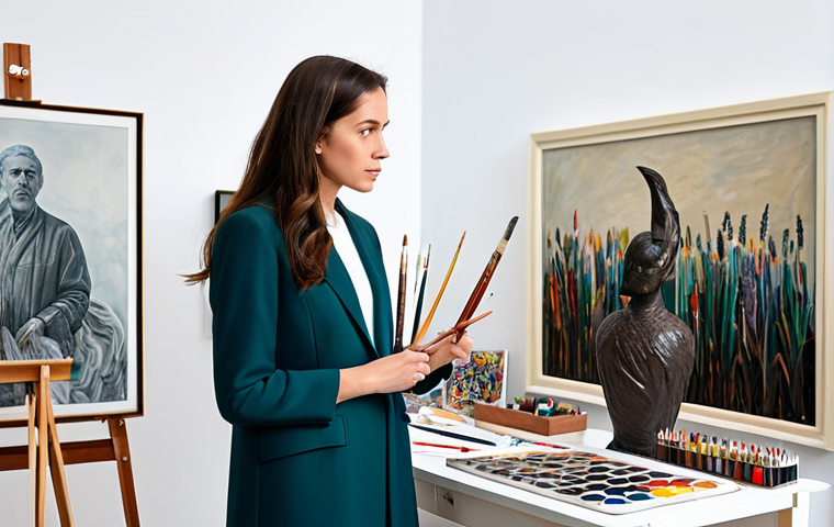 **

"A professional artist fully clothed in modest attire, standing in a bright, modern studio filled with art supplies, surrounded by canvases and sculptures, natural pose, perfect anatomy, well-formed hands, proper finger count, professional photography, high quality, safe for work, appropriate content, family-friendly."

**